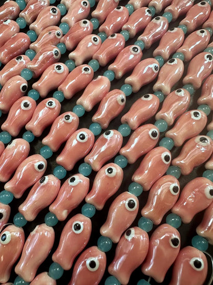 Pink Evil Eye Fish Shape Handmade Porcelain Beads, Beautiful Pink Color Great Quality 7.5"