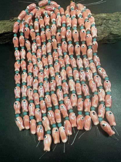 Pink Evil Eye Fish Shape Handmade Porcelain Beads, Beautiful Pink Color Great Quality 7.5"