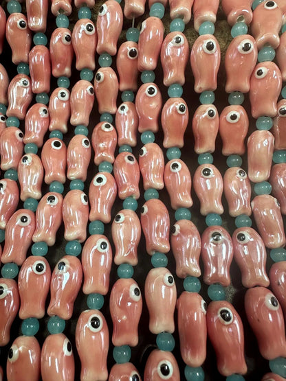 Pink Evil Eye Fish Shape Handmade Porcelain Beads, Beautiful Pink Color Great Quality 7.5"