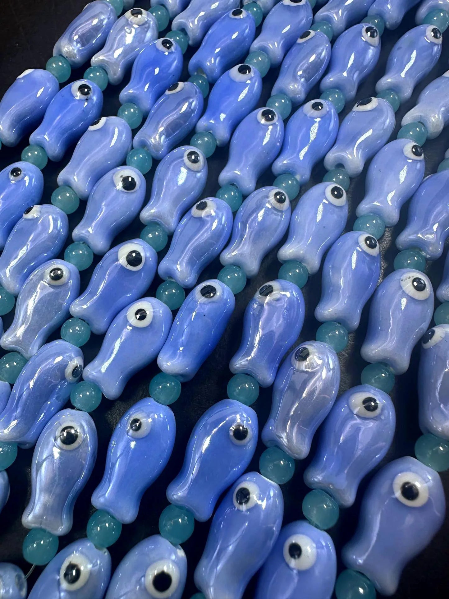 Blue Evil Eye Fish Shape Handmade Porcelain Beads, Beautiful Blue Color Great Quality 7.5"