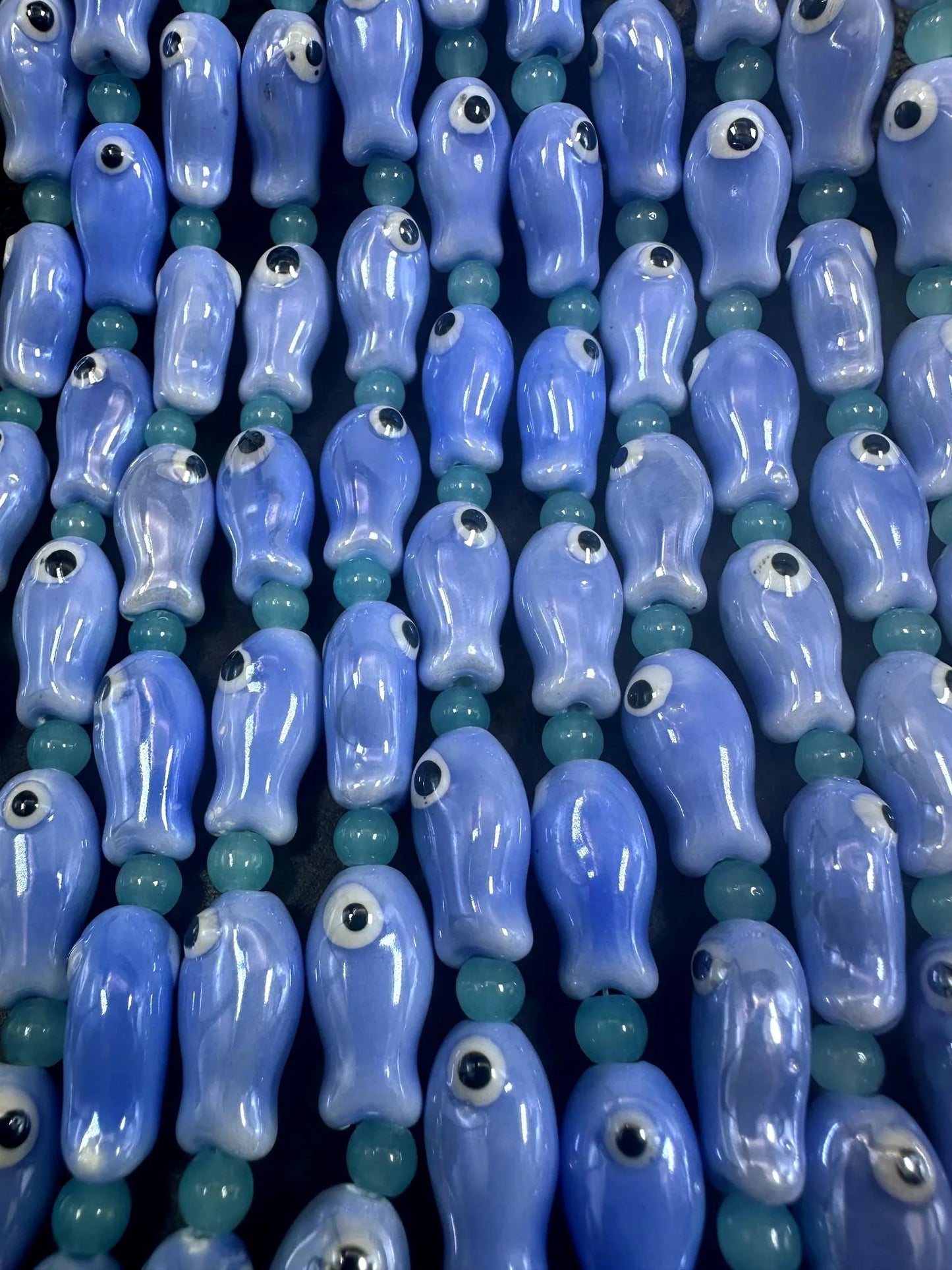 Blue Evil Eye Fish Shape Handmade Porcelain Beads, Beautiful Blue Color Great Quality 7.5"