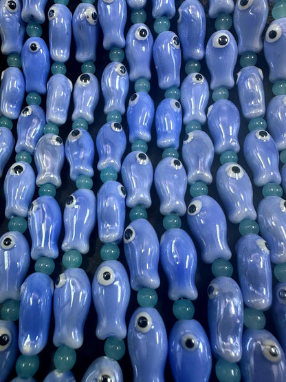 Blue Evil Eye Fish Shape Handmade Porcelain Beads, Beautiful Blue Color Great Quality 7.5"