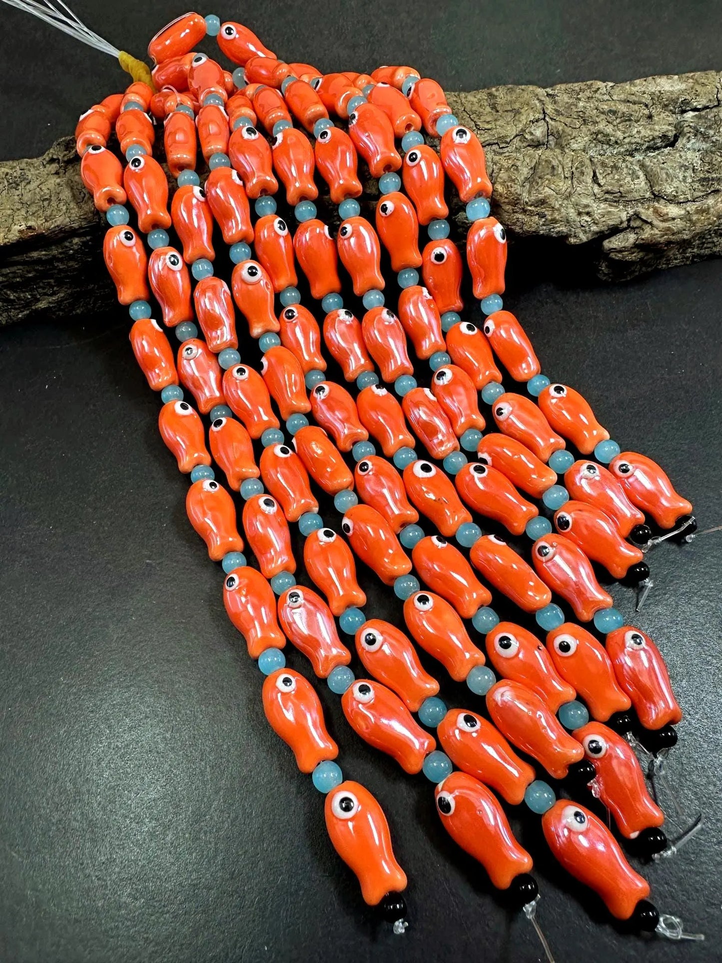 Orange Evil Eye Fish Shape Handmade Porcelain Beads, Beautiful Orange Color Great Quality 7.5"