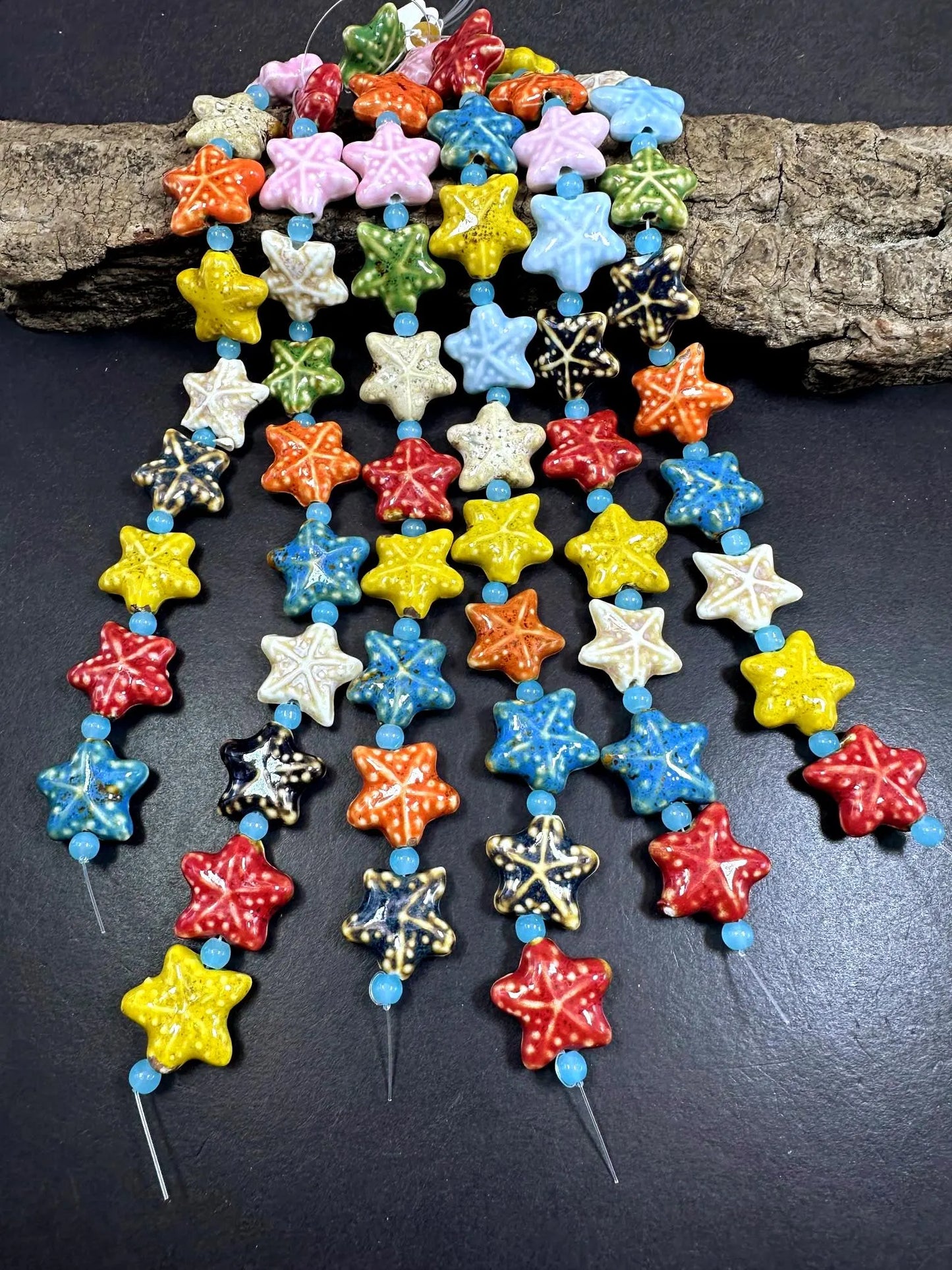 Beautiful Rainbow Multicolor Starfish Shape Handmade Porcelain Beads, Nice Rainbow Pattern Great Quality 7.5"