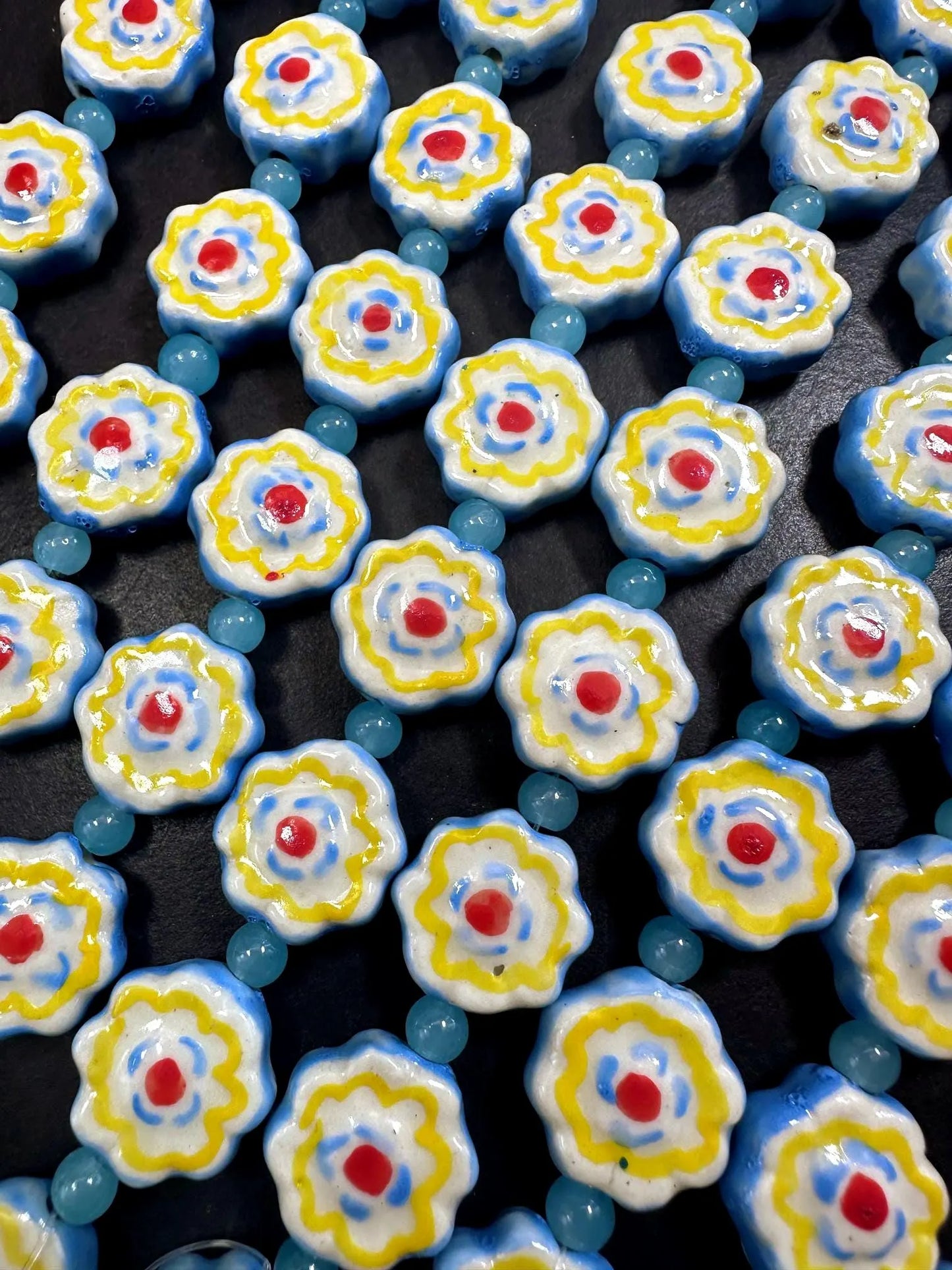 Beautiful Blue Yellow Flower Shape Handmade Porcelain Beads, Blue Yellow White Red Colors Great Quality 7.5"