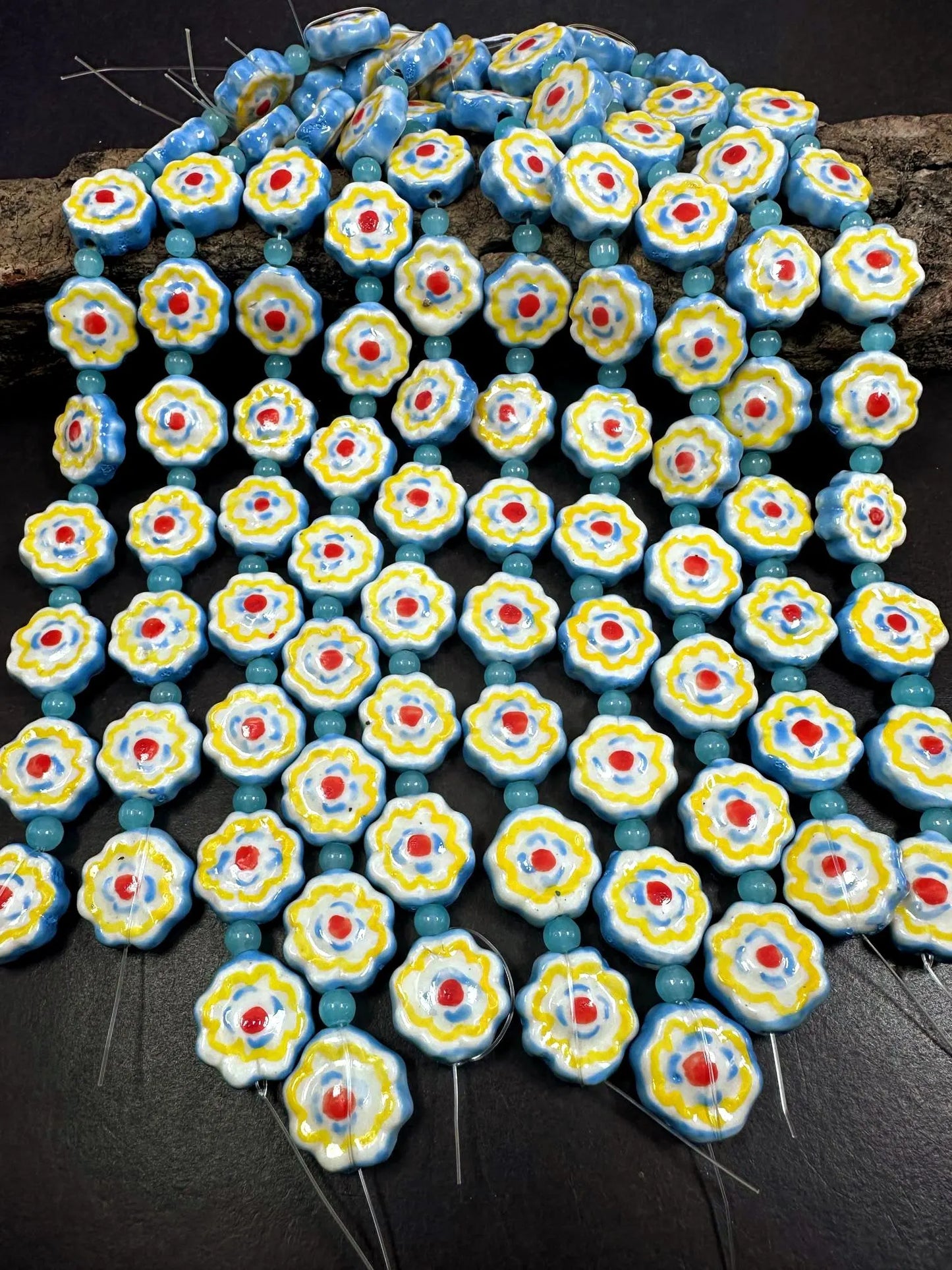 Beautiful Blue Yellow Flower Shape Handmade Porcelain Beads, Blue Yellow White Red Colors Great Quality 7.5"