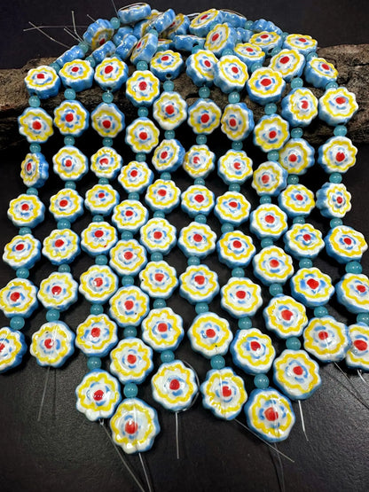 Beautiful Blue Yellow Flower Shape Handmade Porcelain Beads, Blue Yellow White Red Colors Great Quality 7.5"