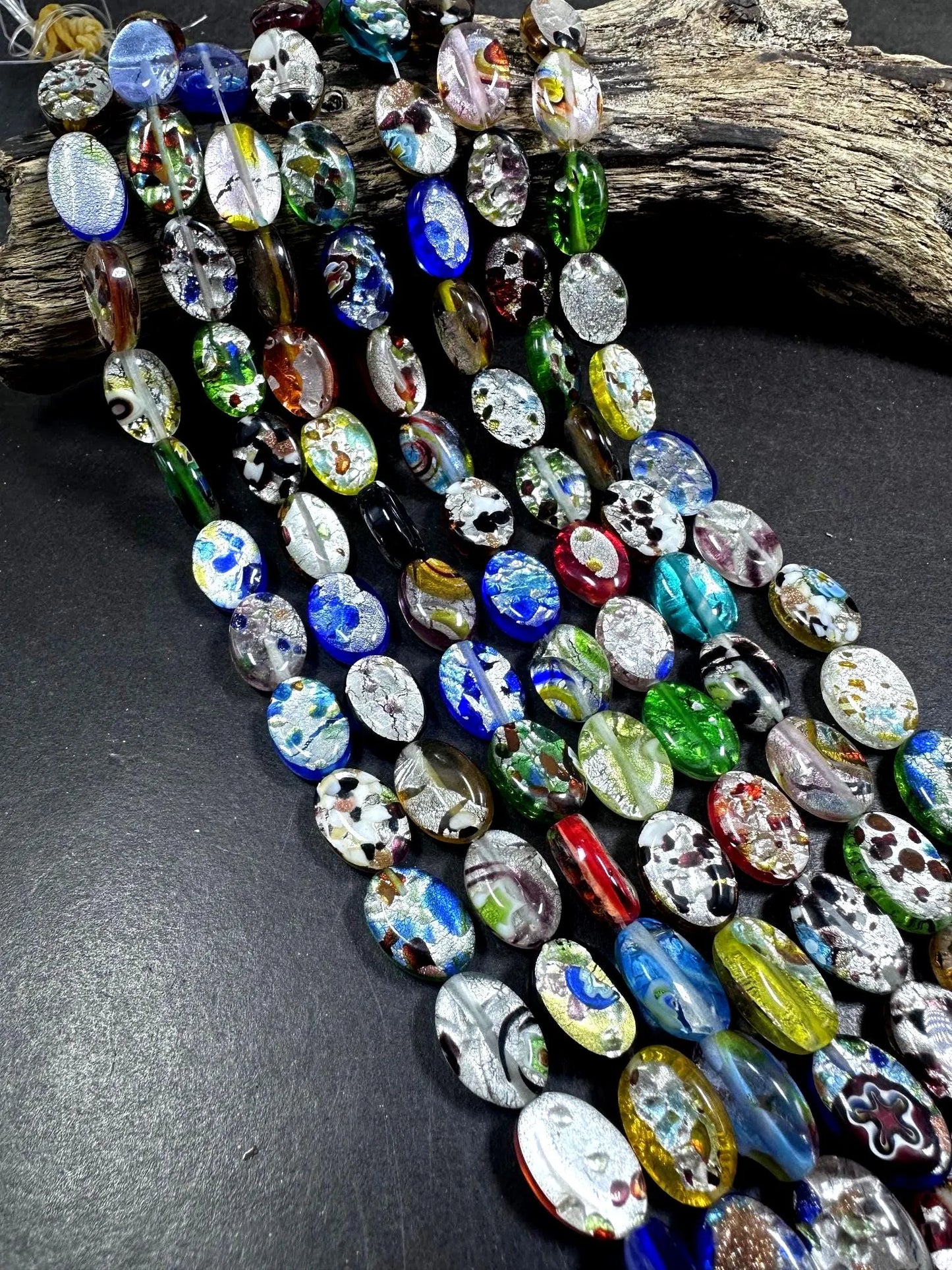 Beautiful Multicolor Silver Foil Millefiori Oval Shape Glass Beads, 10x13mm Great Quality 15.5"
