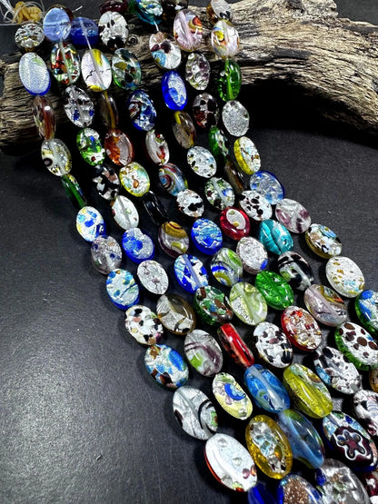 Beautiful Multicolor Silver Foil Millefiori Oval Shape Glass Beads, 10x13mm Great Quality 15.5"