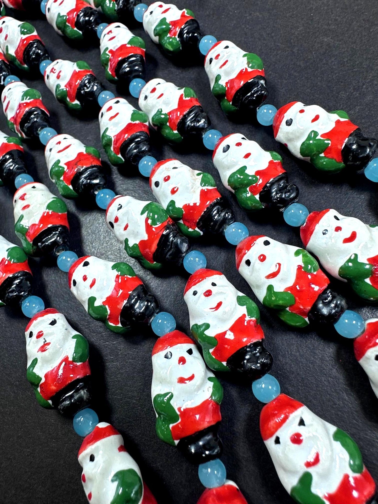 Adorable Christmas Santa Claus Shape Hand Painted Porcelain Beads, with Light Blue Spacers, Great Quality 7.5"