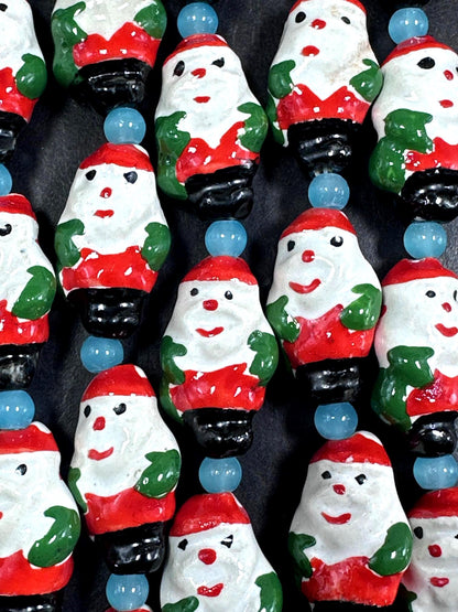 Adorable Christmas Santa Claus Shape Hand Painted Porcelain Beads, with Light Blue Spacers, Great Quality 7.5"