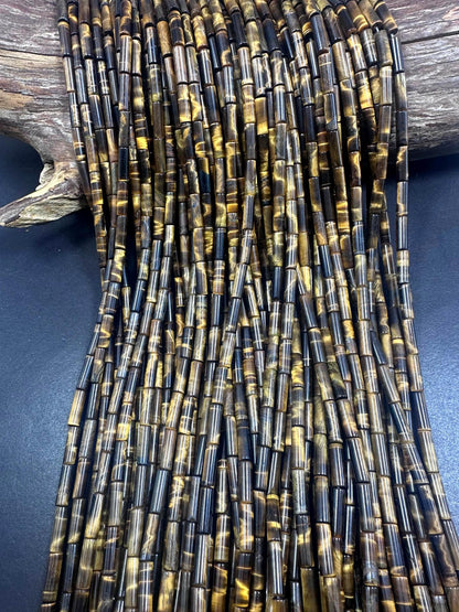 Beautiful Multicolor Tiger Eye Thin Tube Shape, 4x14mm Brown Yellow Color Great Quality 15.5"