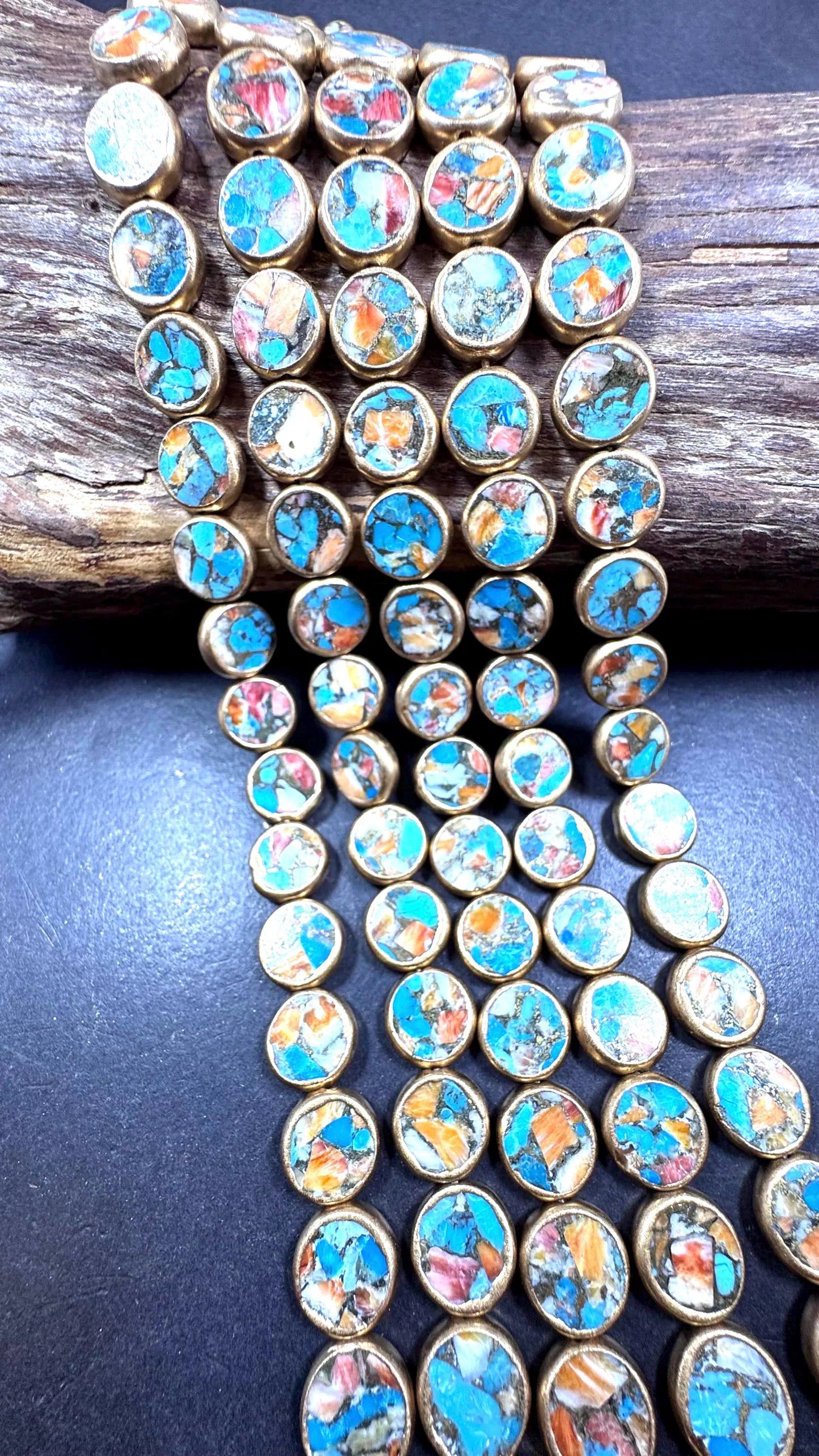 Natural turquoise gemstone bead. With gold copper . Coin shape . Excellent quality . Full strand 15.5”