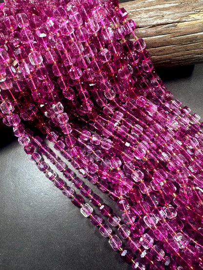 Beautiful Clear Hot Pink Cube Shape Quartz Crystal Bead, 8x8mm Hot Pink Color Great Quality 15.5"