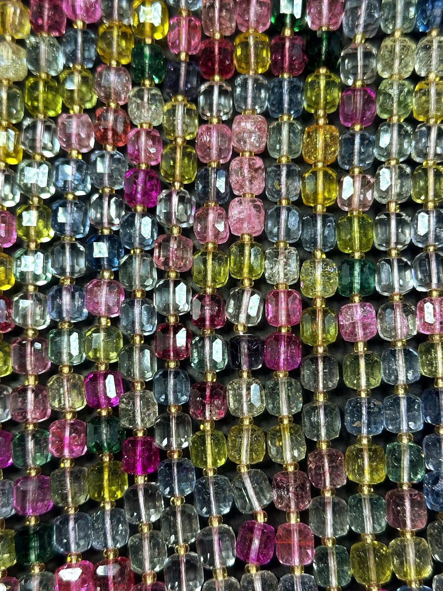 Beautiful Clear Multicolor Cube Shape Quartz Crystal Bead, 8x8mm Multicolor Pattern Great Quality 15.5"