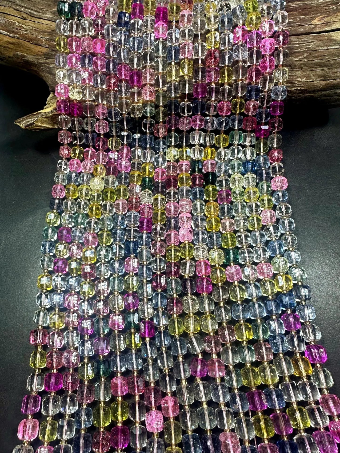 Beautiful Clear Multicolor Cube Shape Quartz Crystal Bead, 8x8mm Multicolor Pattern Great Quality 15.5"