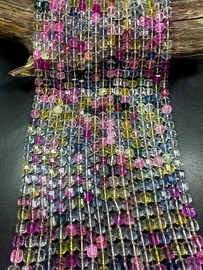 Beautiful Clear Multicolor Cube Shape Quartz Crystal Bead, 8x8mm Multicolor Pattern Great Quality 15.5"