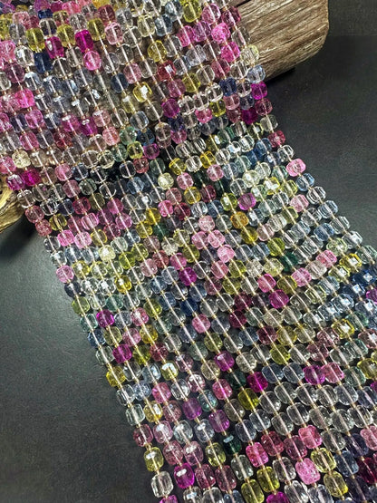 Beautiful Clear Multicolor Cube Shape Quartz Crystal Bead, 8x8mm Multicolor Pattern Great Quality 15.5"
