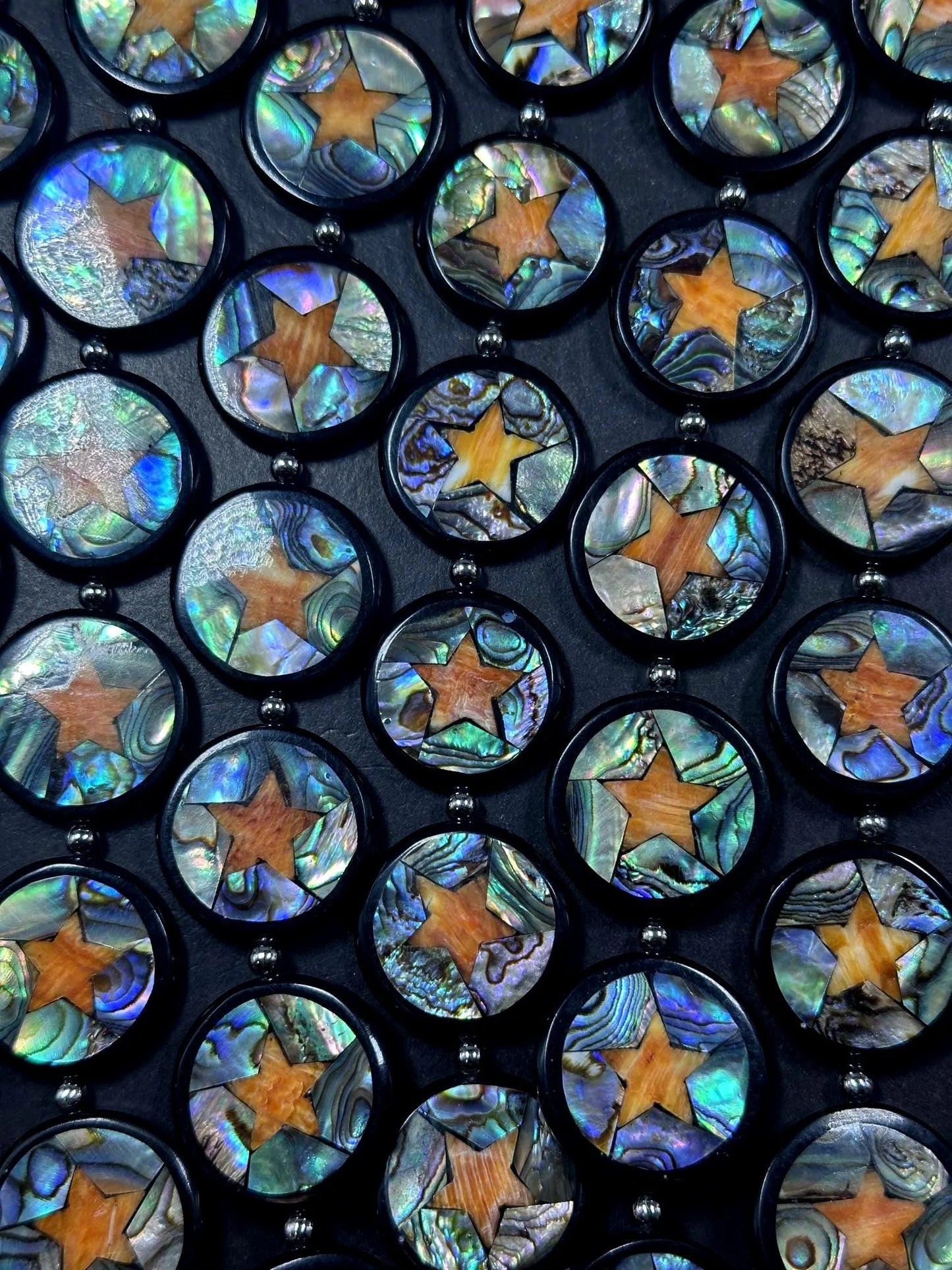 Natural Abalone Shell Coin Shape Beads with Orange Star 26mm, Unique and Great Quality 15.5"