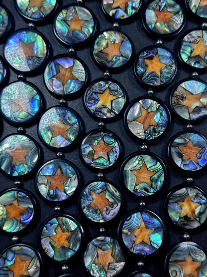 Natural Abalone Shell Coin Shape Beads with Orange Star 26mm, Unique and Great Quality 15.5"