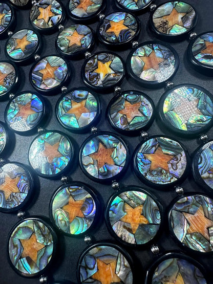 Natural Abalone Shell Coin Shape Beads with Orange Star 26mm, Unique and Great Quality 15.5"