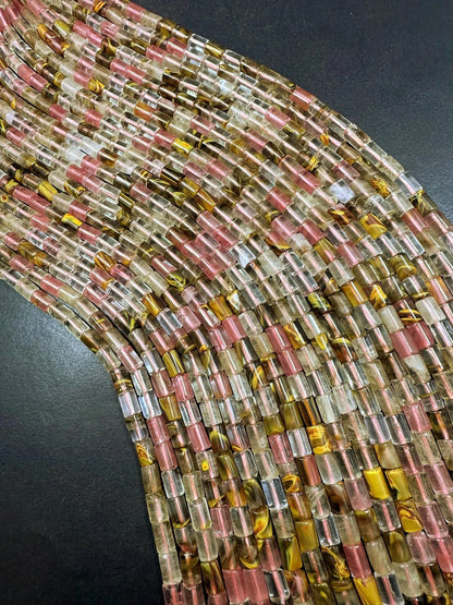 Natural Clear Watermelon Quartz Tube Tube Shape Beads 6x8mm, Beautiful Multicolor Pattern Great Quality 15.5