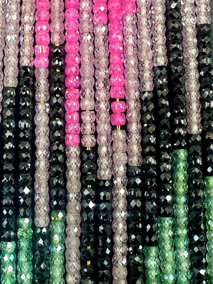 Multicolor Cubic Zirconia Faceted Rondelle Shape, Gorgeous Mint, Light Green, Black, Pink High Quality 15.5"
