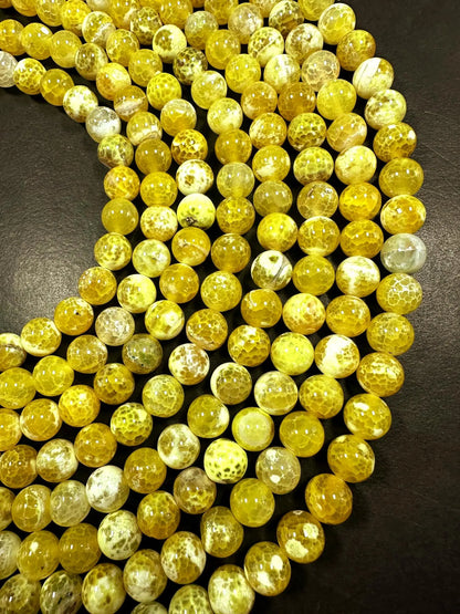 Yellow Dragon Vein Agate Smooth Round Shape Bead 6mm, 8mm, 10mm, Beautiful Yellow Color Great Quality 15.5"