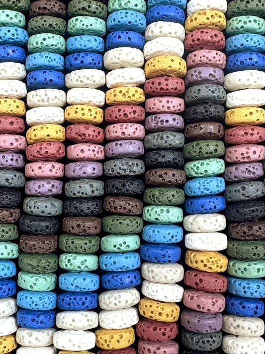 Multicolor Lava Rock 8x3mm Rondelle Shape. Blue, White, Green, Pink Color Pattern Great Quality 15.5"