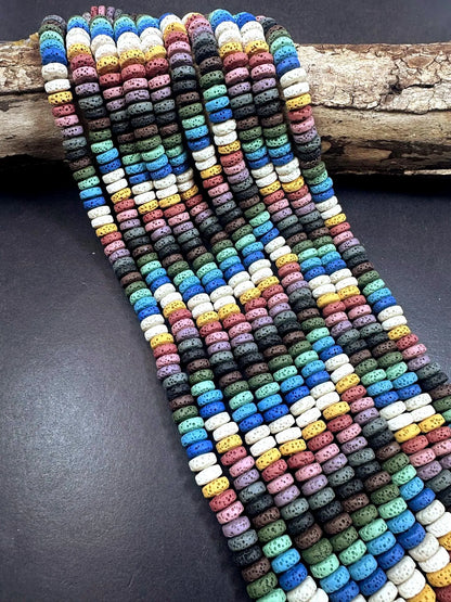 Multicolor Lava Rock 8x3mm Rondelle Shape. Blue, White, Green, Pink Color Pattern Great Quality 15.5"