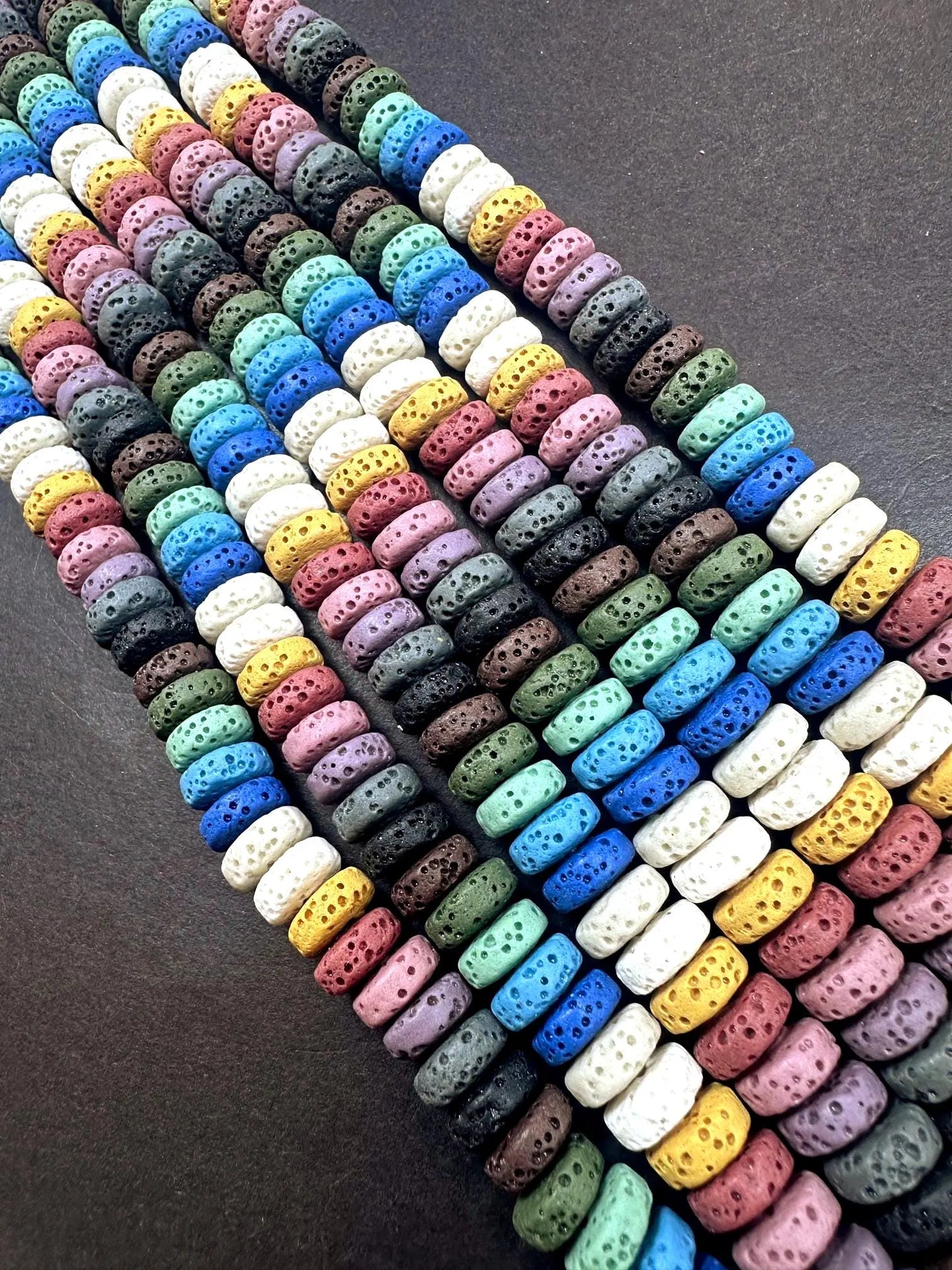 Multicolor Lava Rock 8x3mm Rondelle Shape. Blue, White, Green, Pink Color Pattern Great Quality 15.5"