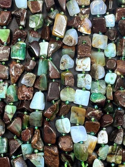 Beautiful Natural Chrysoprase Freeform Square Pebble Shape Bead, Green Brown Multicolor Pattern Great Quality 15.5"
