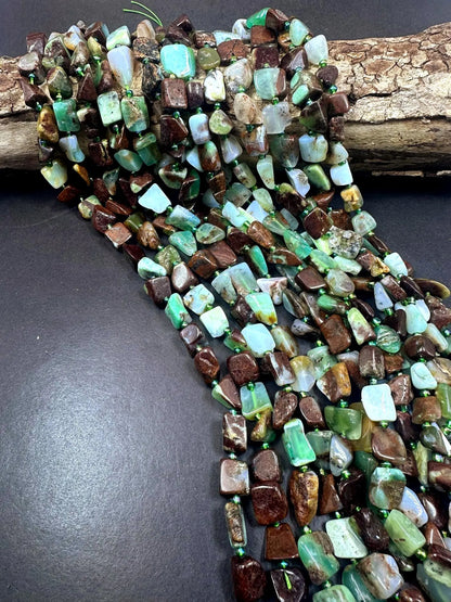Beautiful Natural Chrysoprase Freeform Square Pebble Shape Bead, Green Brown Multicolor Pattern Great Quality 15.5"