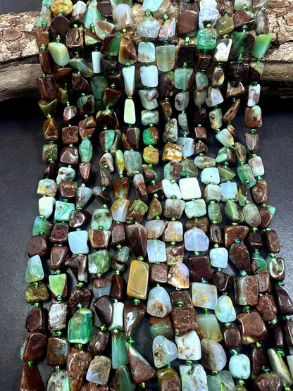 Beautiful Natural Chrysoprase Freeform Square Pebble Shape Bead, Green Brown Multicolor Pattern Great Quality 15.5"