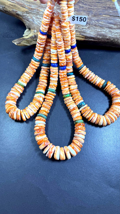 NATURAL Spiny Oyster Shell, Graduated gorgeous orange color with Natural turquoise and natural lapis. Full Strand 15.5” AAA Quality!