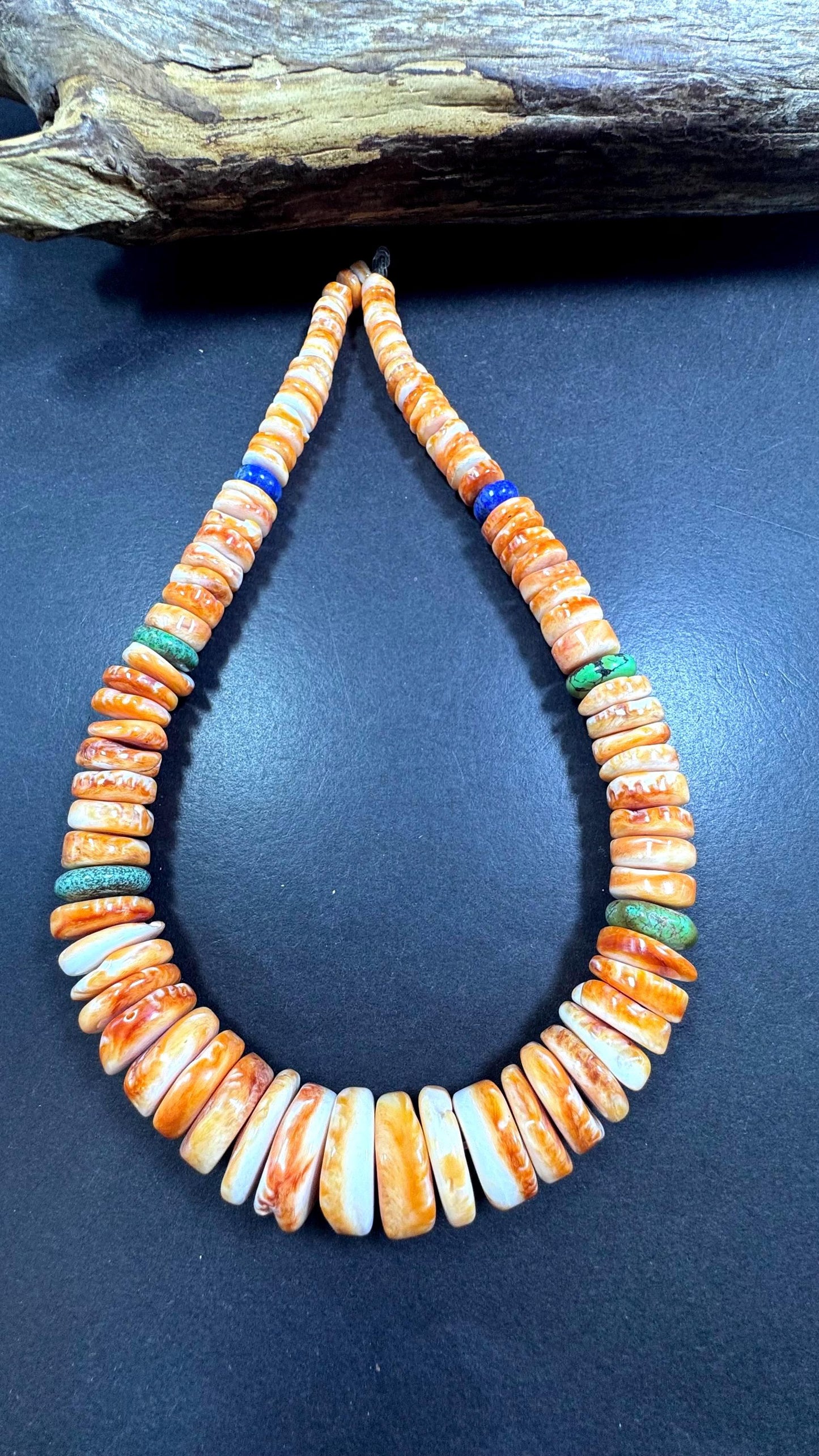 NATURAL Spiny Oyster Shell, Graduated gorgeous orange color with Natural turquoise and natural lapis. Full Strand 15.5” AAA Quality!