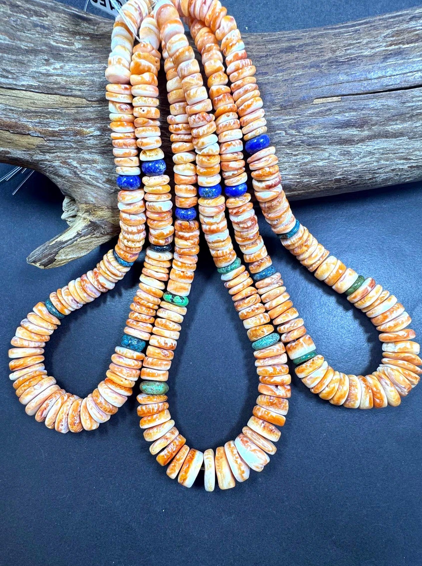 NATURAL Spiny Oyster Shell, Graduated gorgeous orange color with Natural turquoise and natural lapis. Full Strand 15.5” AAA Quality!