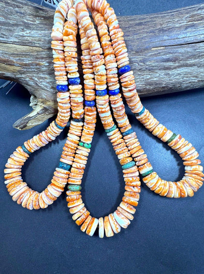 NATURAL Spiny Oyster Shell, Graduated gorgeous orange color with Natural turquoise and natural lapis. Full Strand 15.5” AAA Quality!