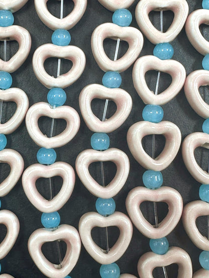 Heart Shape Handmade Porcelain Beads, 14mm Cute Heart Beads, Great Quality 7.5"