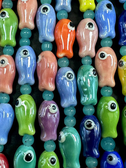 Rainbow Multicolor Evil Eye Fish Shape Handmade Porcelain Beads, Beautiful Rainbow Pattern Great Quality 7.5"