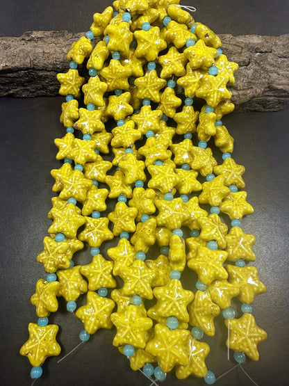 Beautiful Yellow Starfish Shape Handmade Porcelain Beads, Nice Yellow Color Great Quality 7.5"