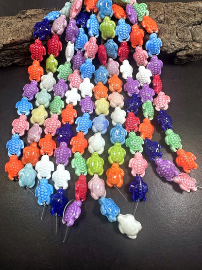 Rainbow Multicolor Sea Turtle Shape Handmade Porcelain Beads, Beautiful Rainbow Pattern Great Quality 7.5"