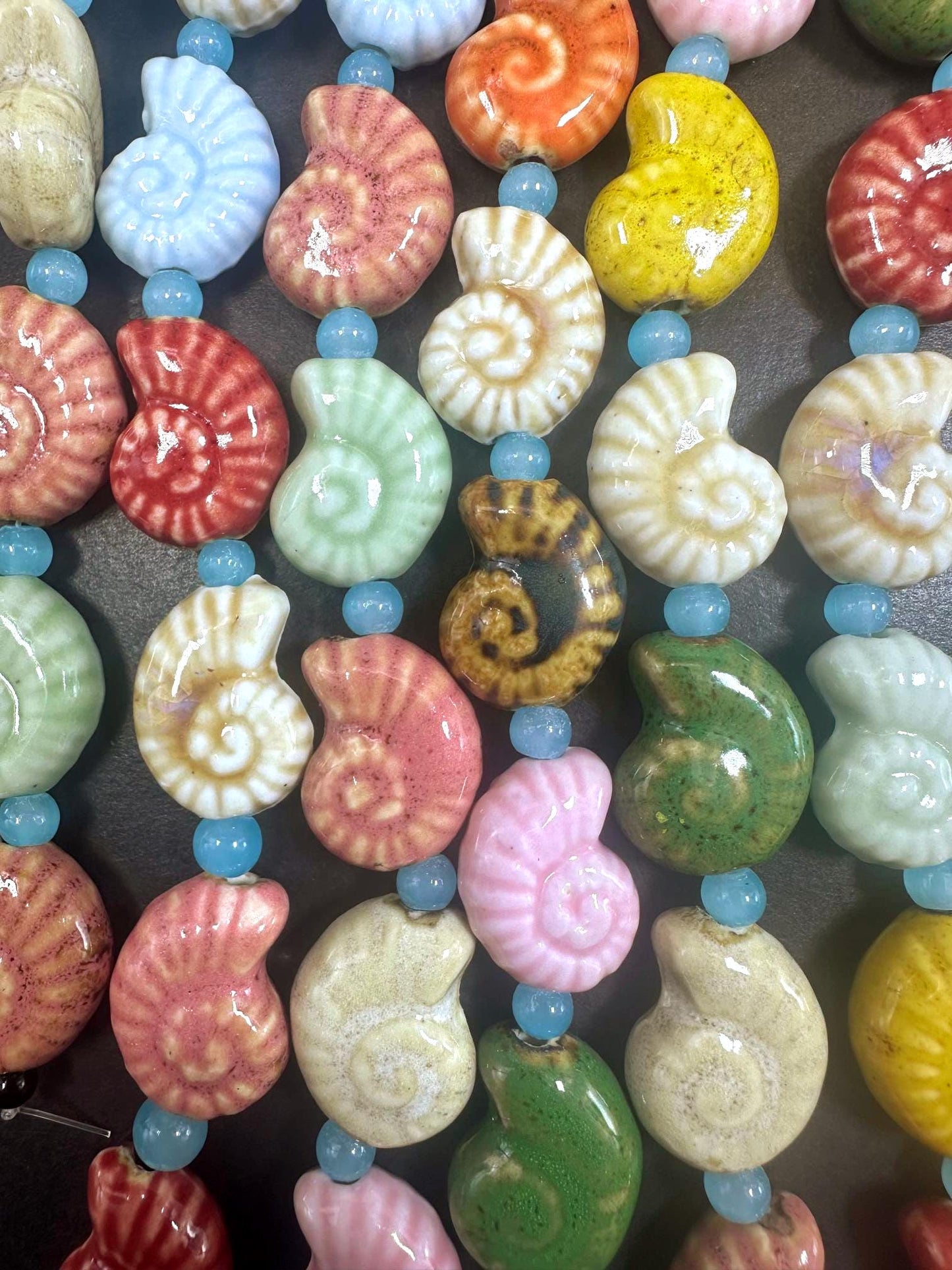 Rainbow Multicolor Seashell Shape Handmade Porcelain Beads, Beautiful Rainbow Pattern Great Quality 7.5"