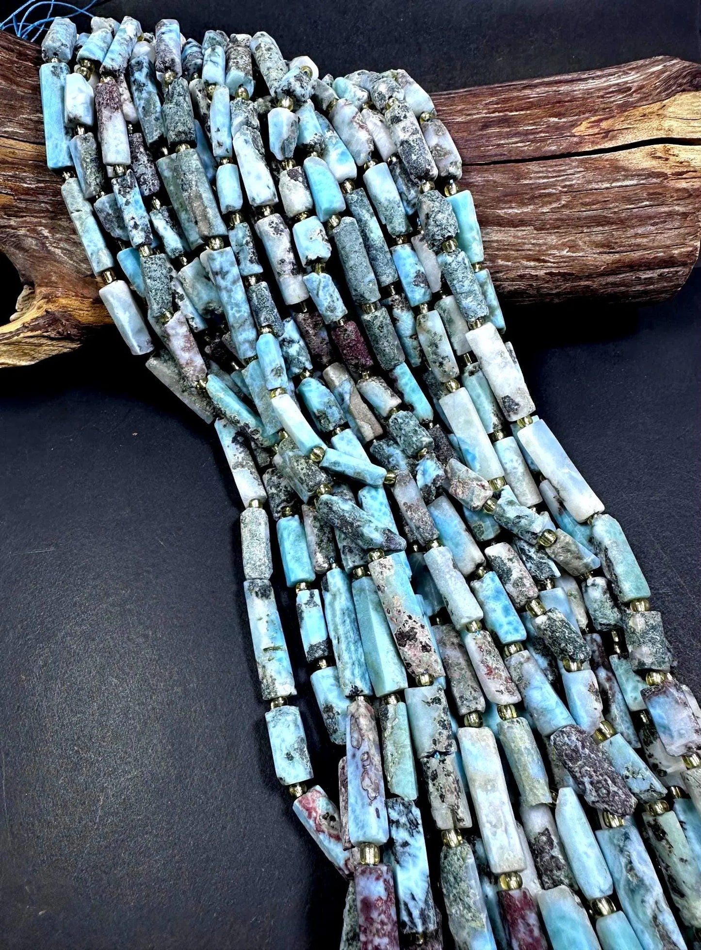 Natural Blue Multicolor Larimar Tube Shape Gemstone Bead. 14x8mm-26x7mm, Beautiful Natural Color, Excellent Quality 15.5”