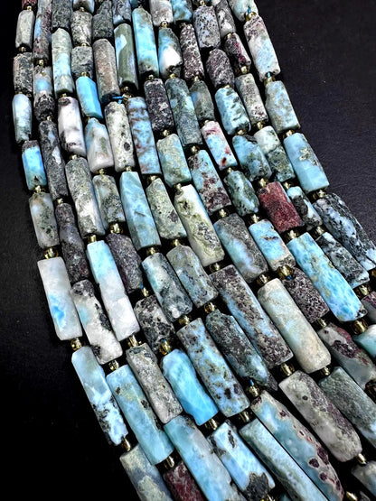 Natural Blue Multicolor Larimar Tube Shape Gemstone Bead. 14x8mm-26x7mm, Beautiful Natural Color, Excellent Quality 15.5”