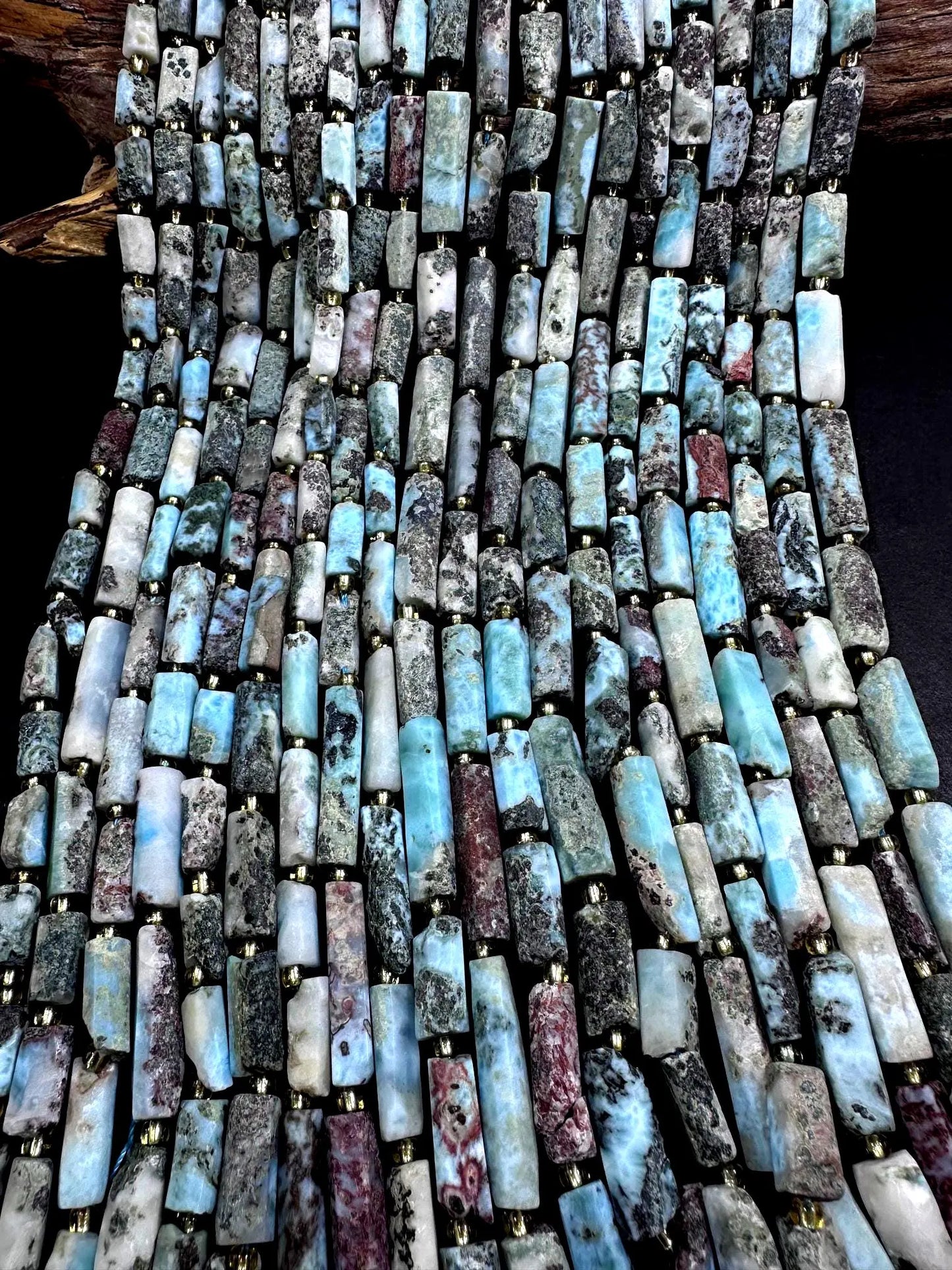 Natural Blue Multicolor Larimar Tube Shape Gemstone Bead. 14x8mm-26x7mm, Beautiful Natural Color, Excellent Quality 15.5”