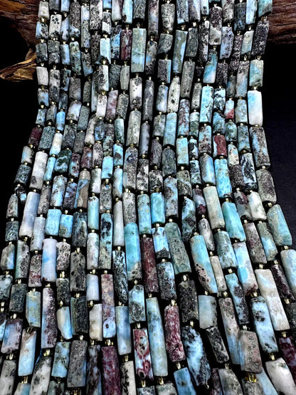 Natural Blue Multicolor Larimar Tube Shape Gemstone Bead. 14x8mm-26x7mm, Beautiful Natural Color, Excellent Quality 15.5”