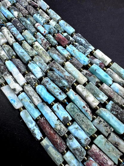 Natural Blue Multicolor Larimar Tube Shape Gemstone Bead. 14x8mm-26x7mm, Beautiful Natural Color, Excellent Quality 15.5”
