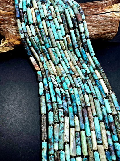 Natural Blue Beige Brown Multicolor Tube Shape Chrysocolla Gemstone Bead. 15x6mm-30x5mm, Natural Multicolor Color, Excellent Quality 15.5"