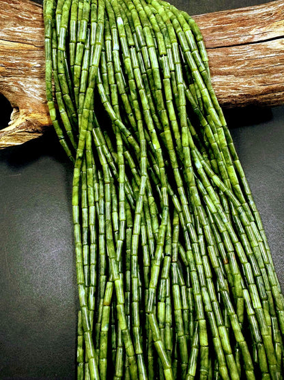 Beautiful Natural Green Thin Tube Shape Nephrite Jade Gemstone Bead. 13x4mm, Natural Green Color Shade, Great Quality 15.5"